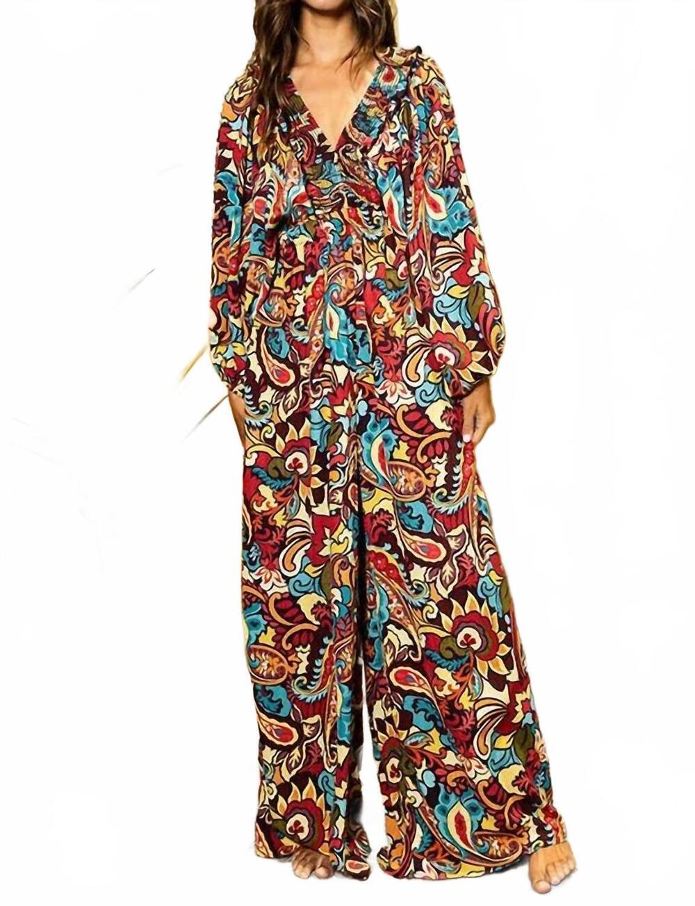 NEW BUCKETLIST paisley smocked ruffled v-neck jumpsuit in multi